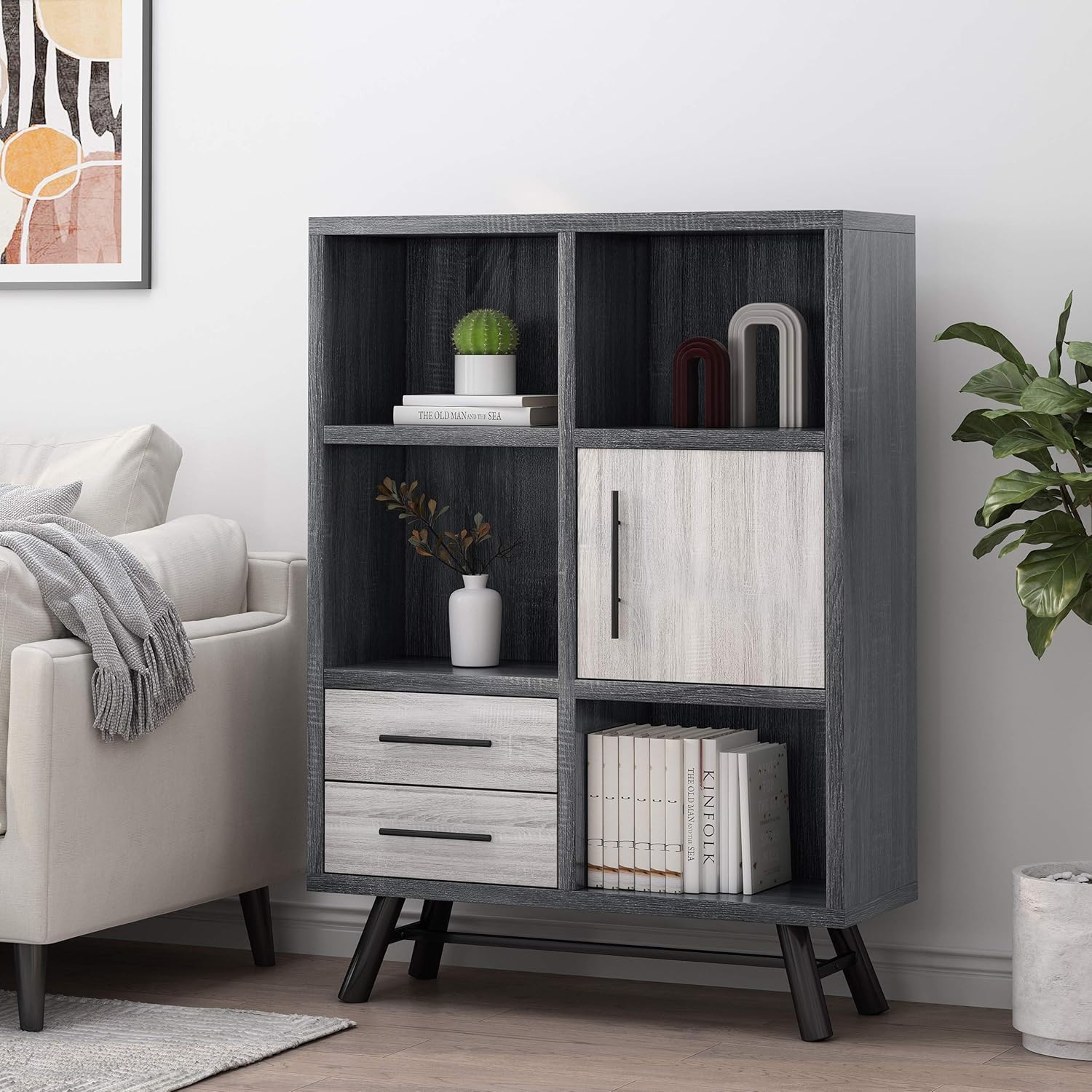 Sonoma Oak Gray Oak Black 6 Shelf Cabinet C6380