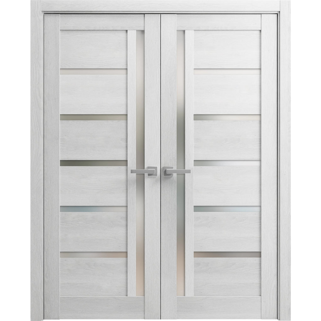 Solid French Double Doors 36 x 84 inches Light Grey Oak with Frosted Glass Wood Solid Panel Frame Trims M5500