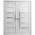 Solid French Double Doors 36 x 84 inches Light Grey Oak with Frosted Glass Wood Solid Panel Frame Trims M5500