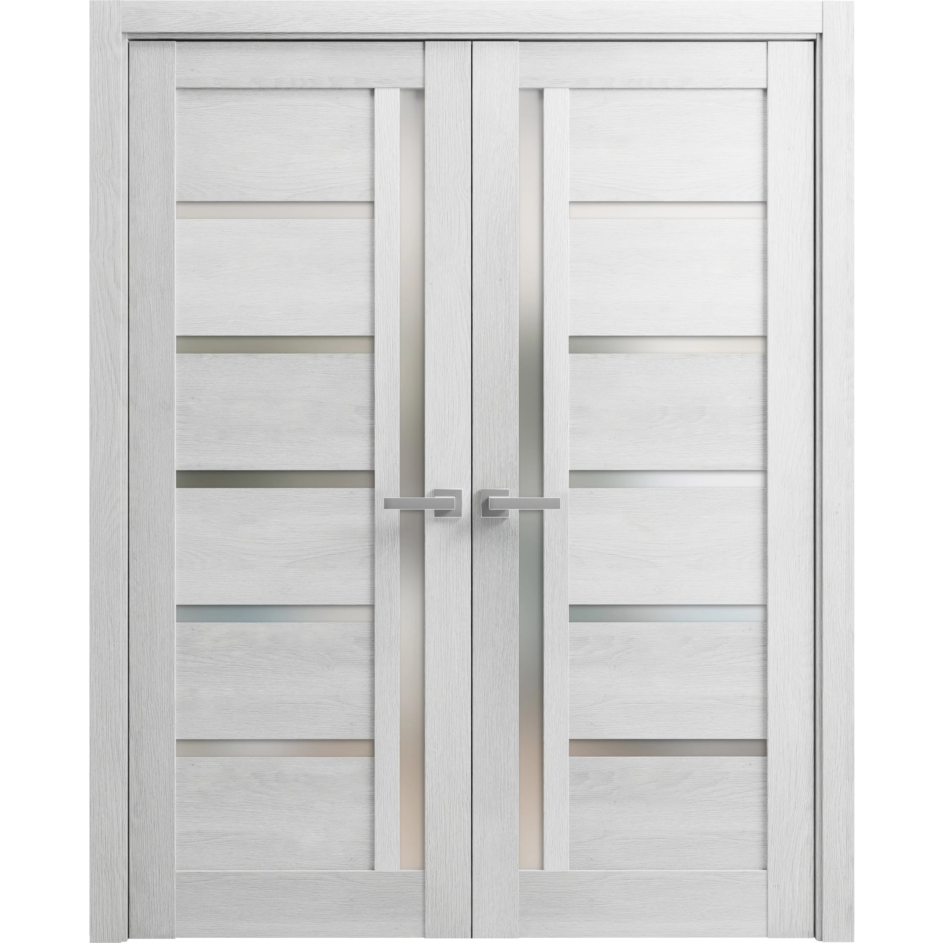 Solid French Double Doors 36 x 84 inches Light Grey Oak with Frosted Glass Wood Solid Panel Frame Trims M5500