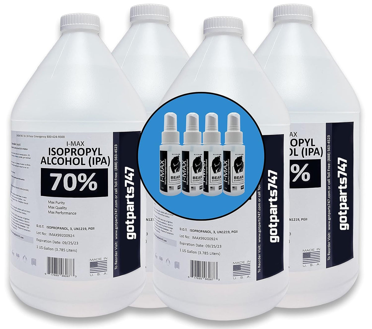 4 Gallons USP Grade Isopropyl Alcohol 70% with Four 2 OZ Spray Bottles J623