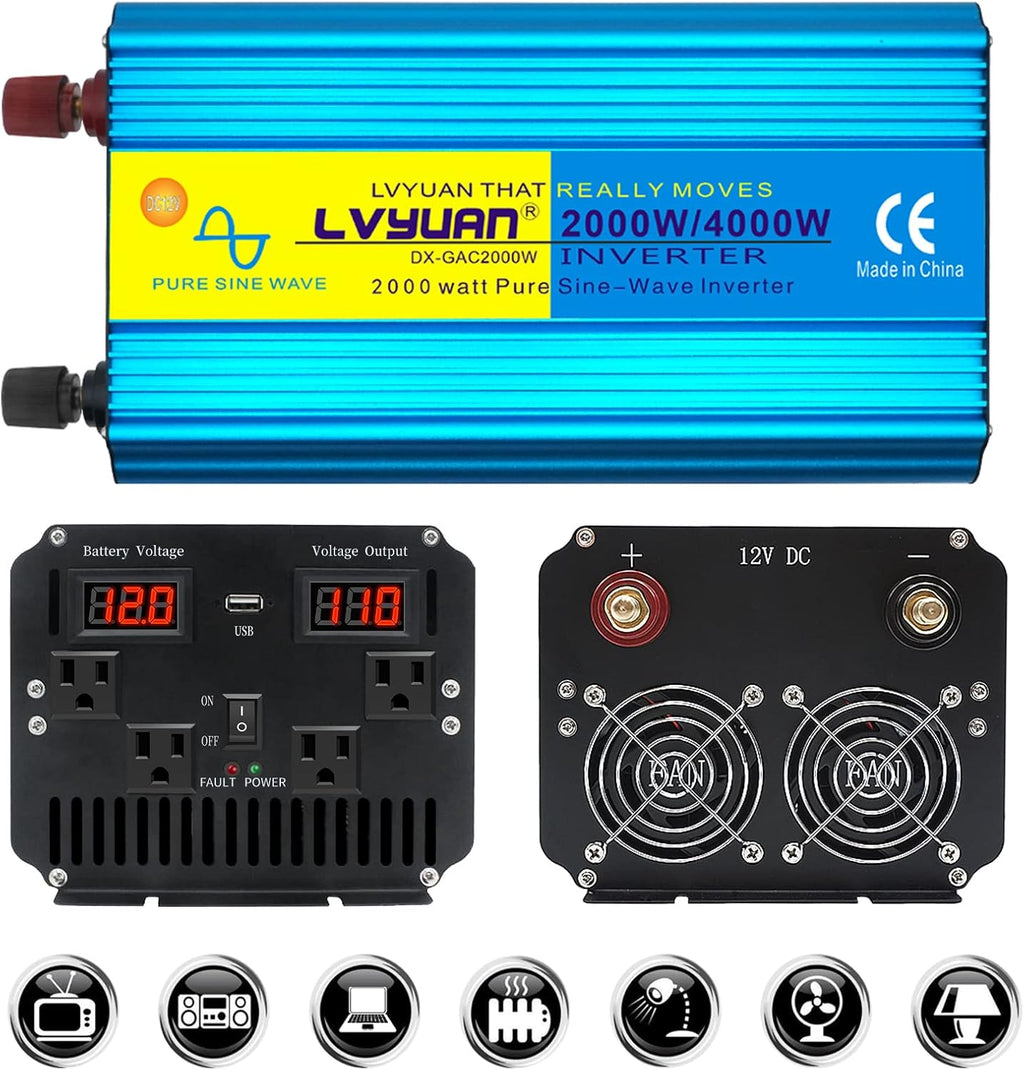 1000W Pure Sine Wave Car Power Inverter DC 12V to 110V AC with Dual AC Outlets and Dual USB Charging Ports D9242