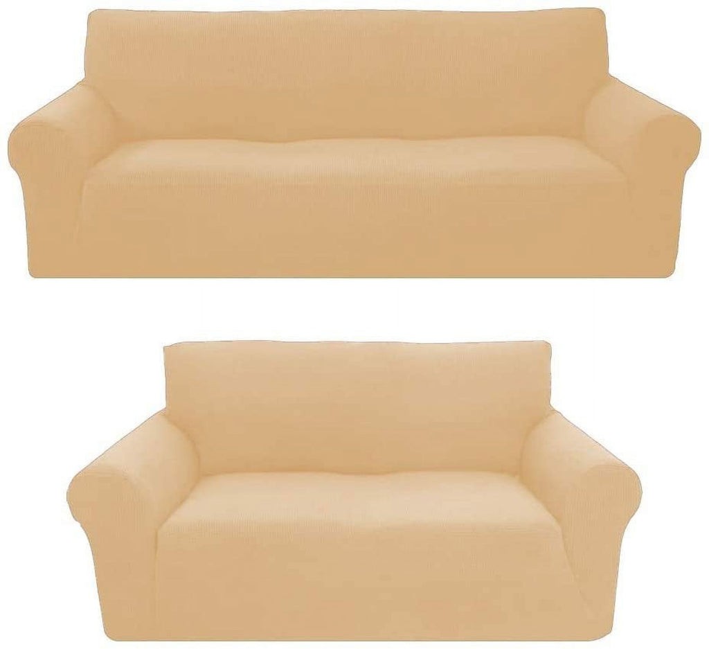 Beige/Cream 2-Piece Brushed Polyester Spandex SlipCover Set for Sofa Loveseat Couch X3719