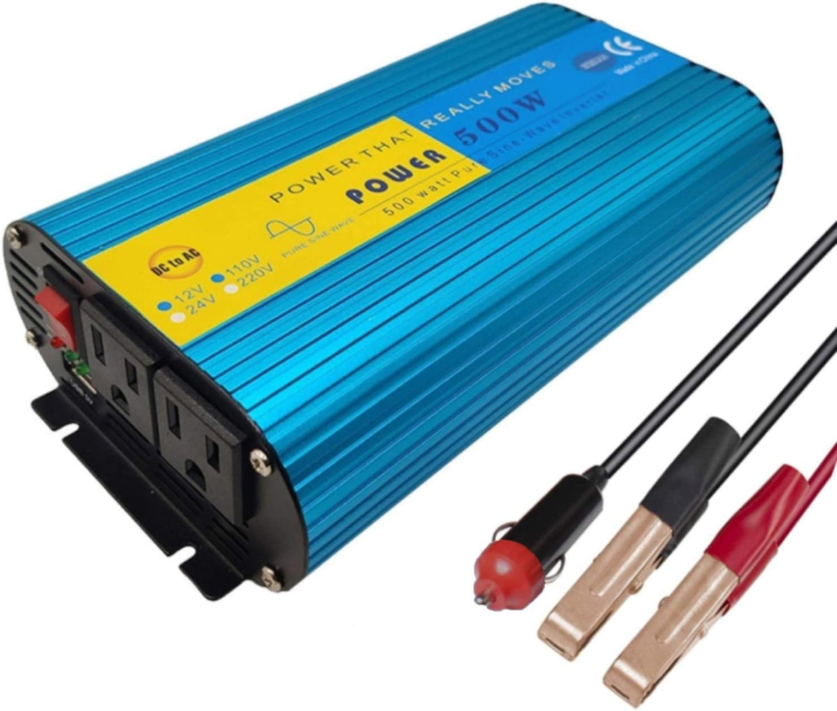 500W Pure Sine Wave Power Inverter DC 12V to AC 110V with 2.1A USB Charging Port and 2 AC Outlets, Pack of 2 F420