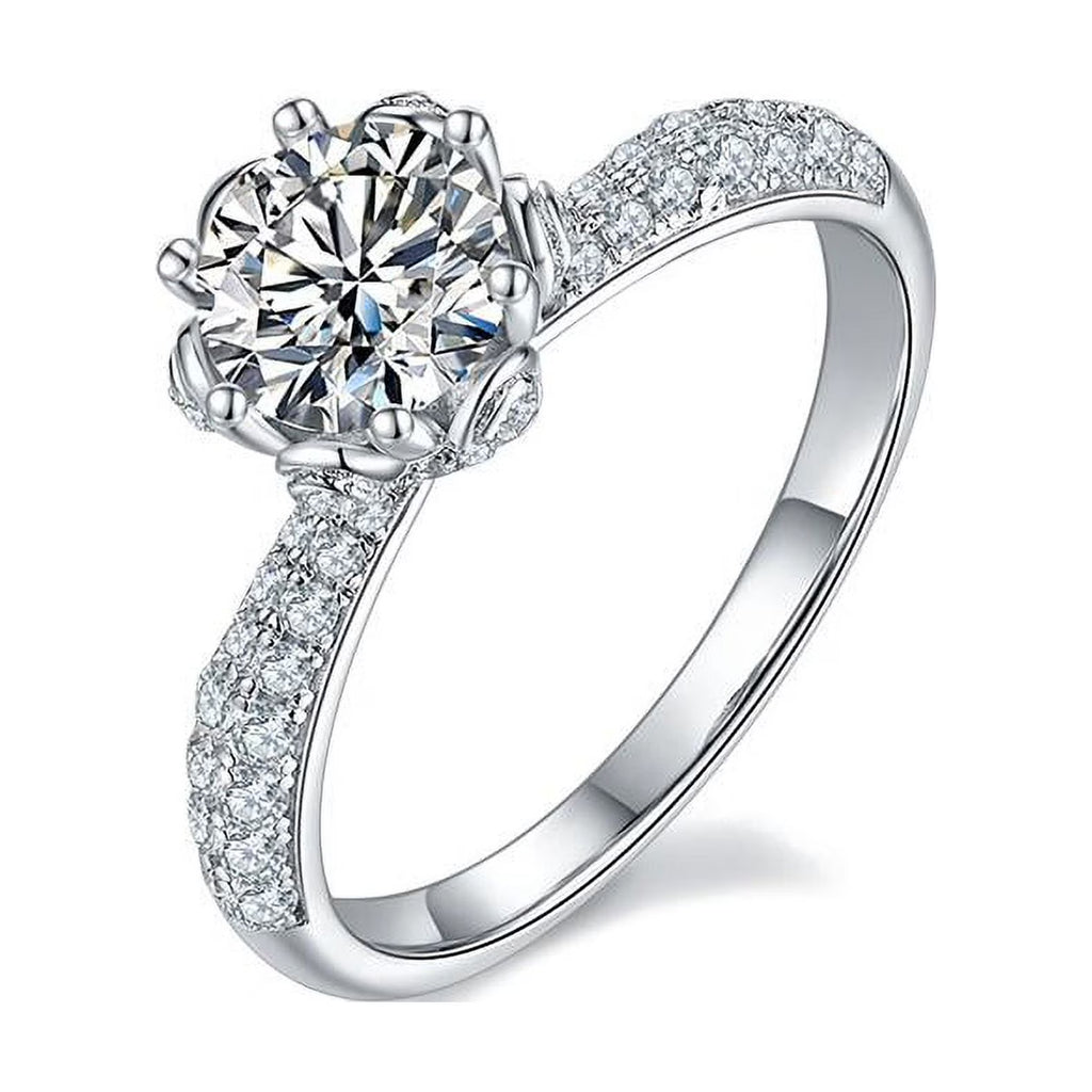 1 Carat Round Cut Moissanite Engagement Ring In 18K White Gold Plating Over Silver E550