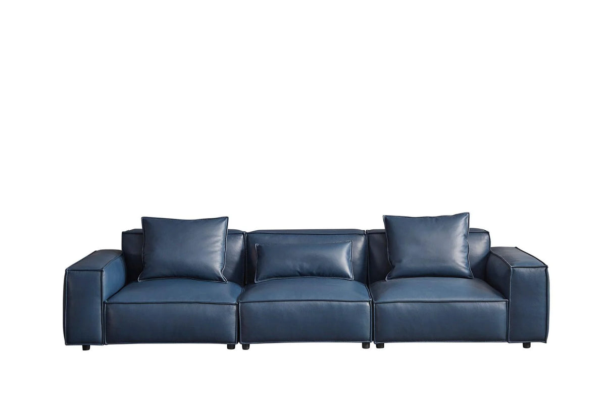Navy Blue Full Leather Sofa Set 4Pcs D65143