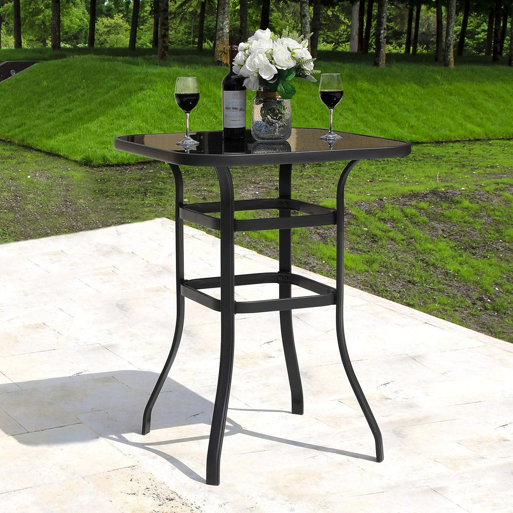 32 Inch Square Steel Frame Bar Height Bistro Table with Tempered Glass Table Top Black B403238