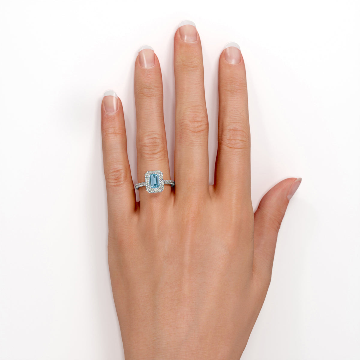 18K White Gold Plated Emerald Cut Aquamarine and Moissanite Double Halo Engagement Ring L252