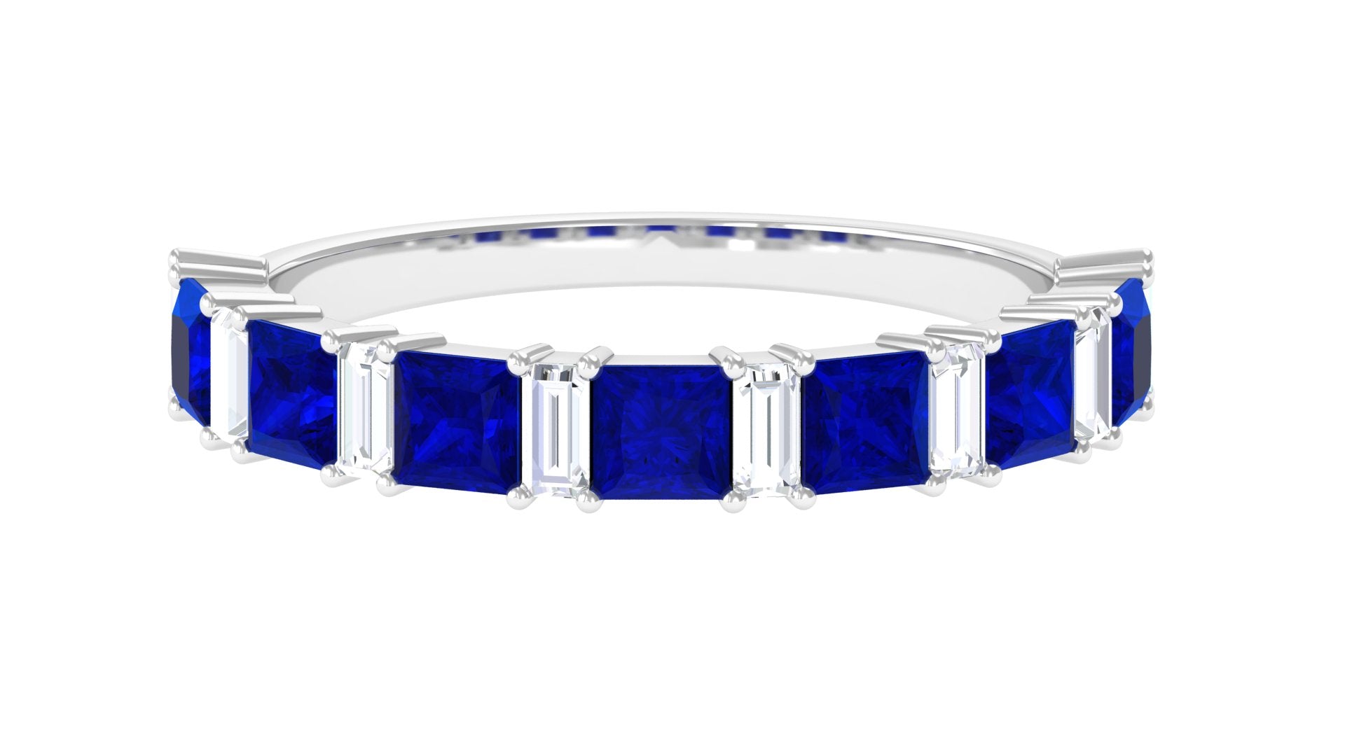 14K White Gold Princess Cut Blue Sapphire Half Eternity Ring with Diamond Z366842