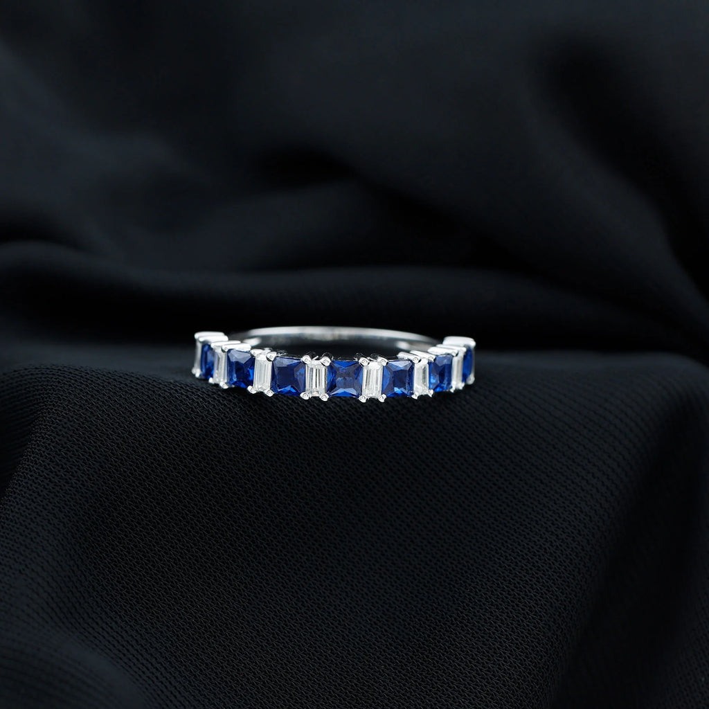 14K White Gold Princess Cut Blue Sapphire Half Eternity Ring with Diamond Z366842