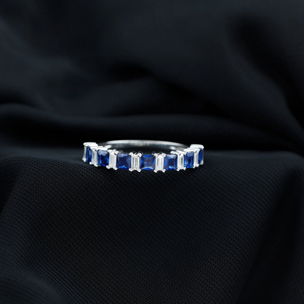 14K White Gold Princess Cut Blue Sapphire Half Eternity Ring with Diamond Z366842