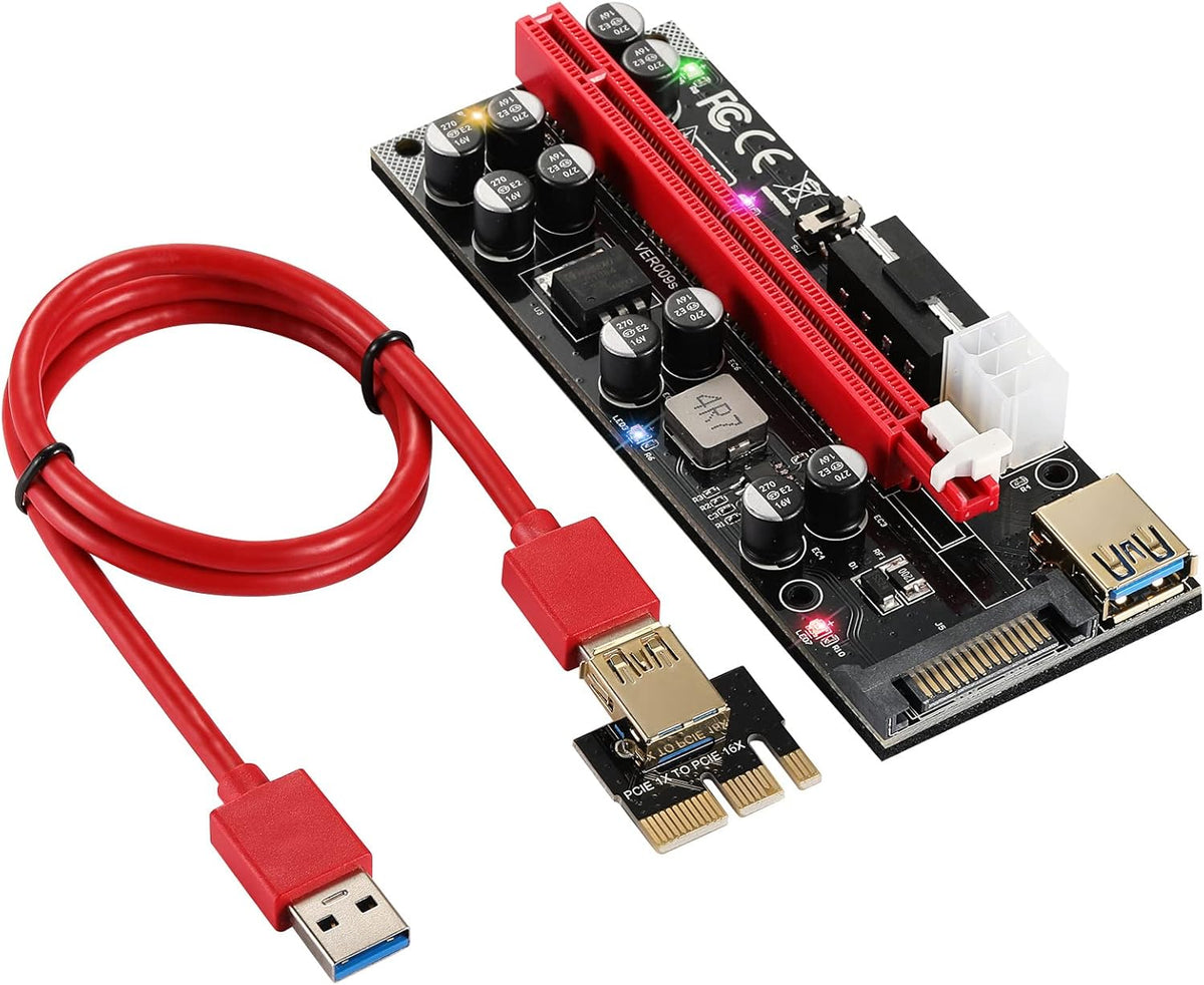 Red 6 PCS PCI-E 1X to 16X Riser Card with 6PIN SATA Power Cable L31529