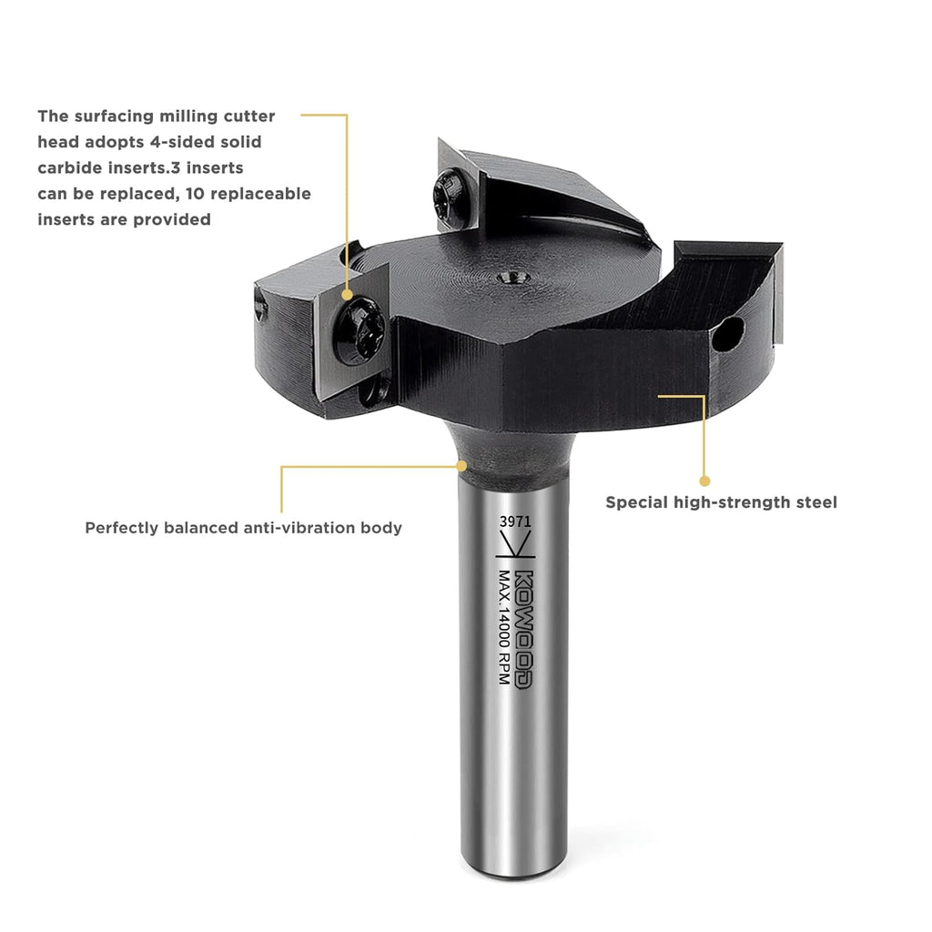 CNC Spoilboard Surfacing Router Bit, 1/2'' Shank, 2-23/64'' Cut Dia, 15/32'' Cut Length, 3 Wings, Carbide, Pack of 2 K312610
