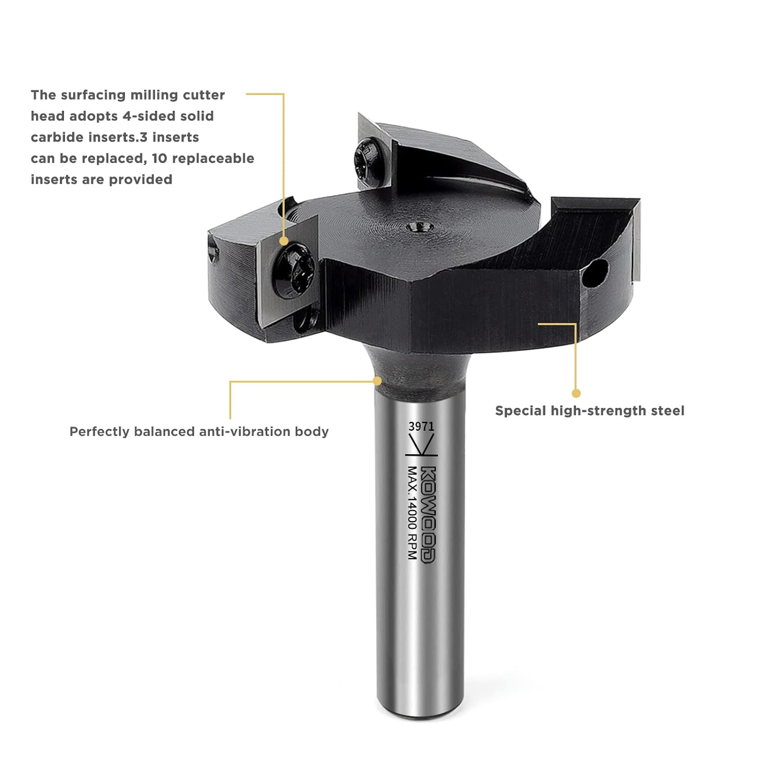 CNC Spoilboard Surfacing Router Bit, 1/2'' Shank, 2-23/64'' Cut Dia, 15/32'' Cut Length, 3 Wings, Carbide, Pack of 2 K312610