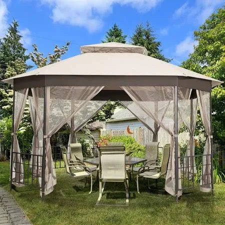 Beige Patio Gazebo Canopy Shelter with Netting Sidewalls T67235
