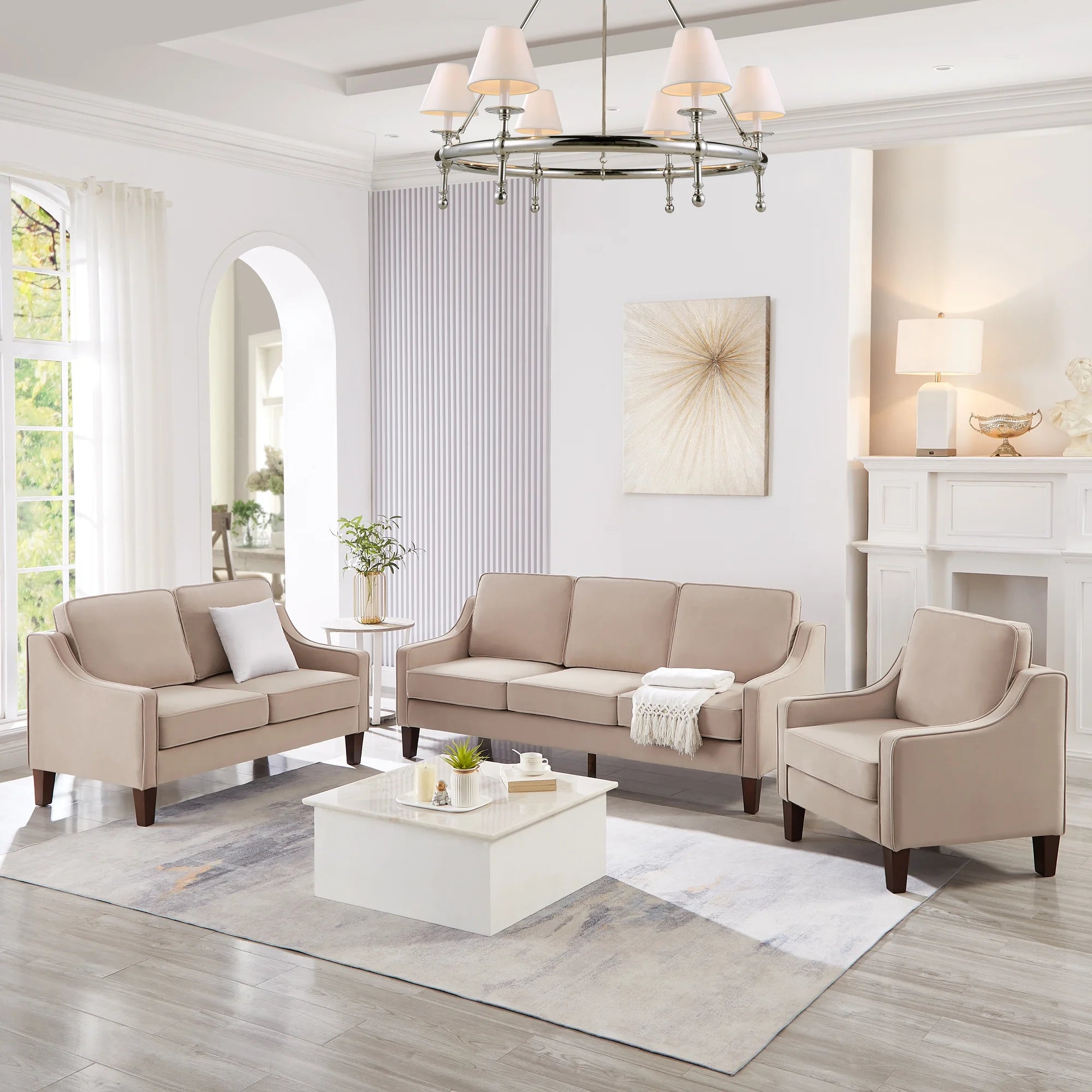 Taupe Velvet 3 Piece 3-Seat Sofa with Removable Cushions D759104