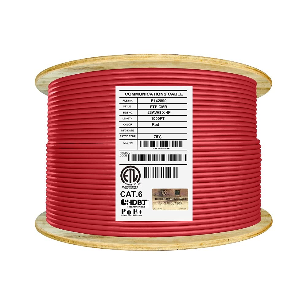 Cat6 Shielded Riser 1000ft F/UTP 23AWG Solid Bare Copper 550MHz Bulk Ethernet Cable Reel Yellow L217573
