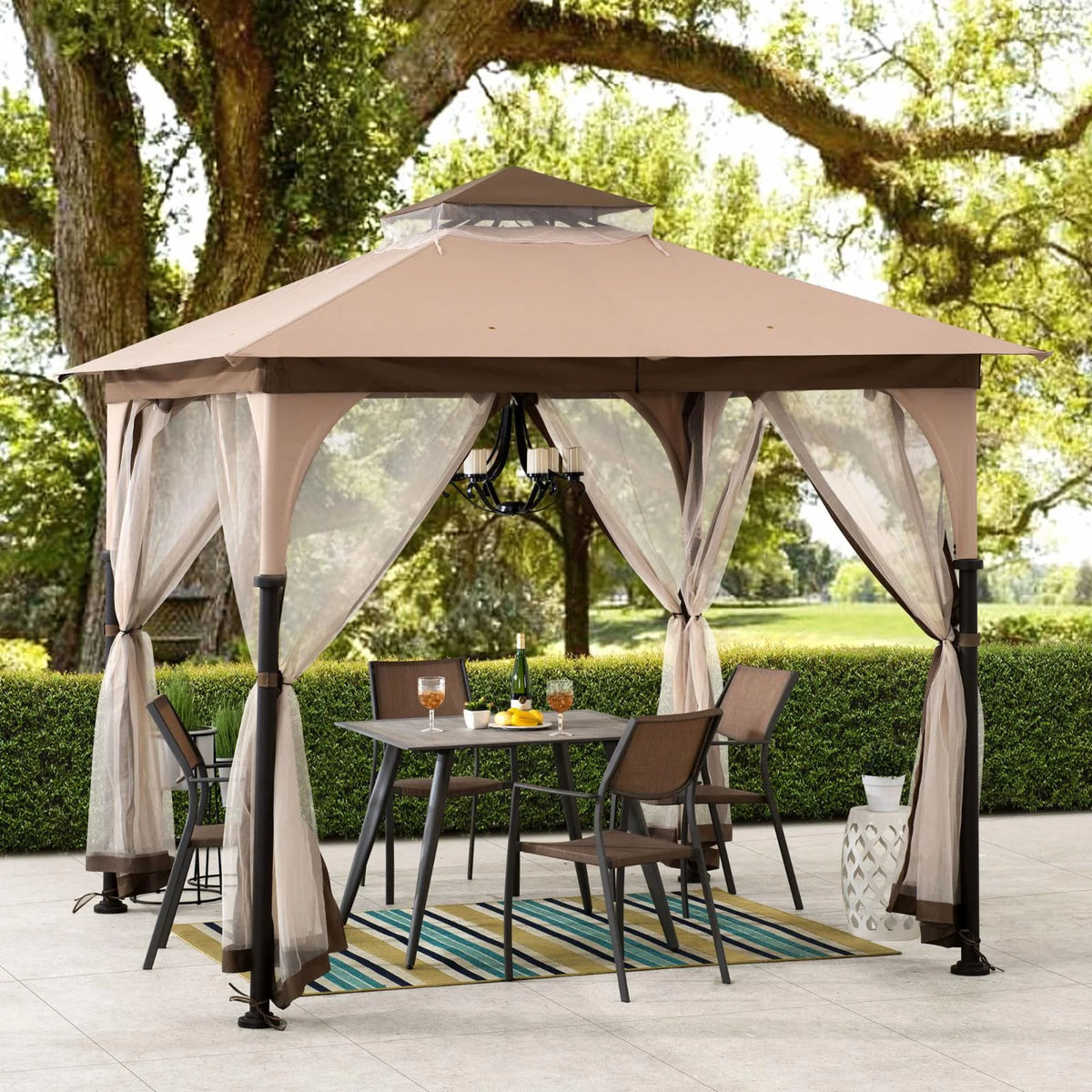 Tan and Brown Steel Frame Outdoor Patio Gazebo with Netting K222420