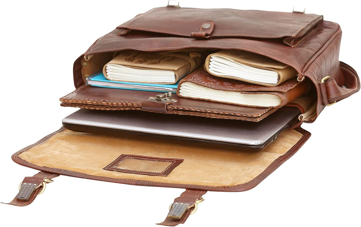 Genuine Full Grain Leather Messenger Bag Laptop Satchel Crossbody Bag, 16 Inch Brown K439831